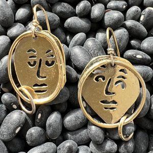 Vintage Gold Vermeil Asymmetrical Modernist Taxco Mexican Face Hoop Earrings